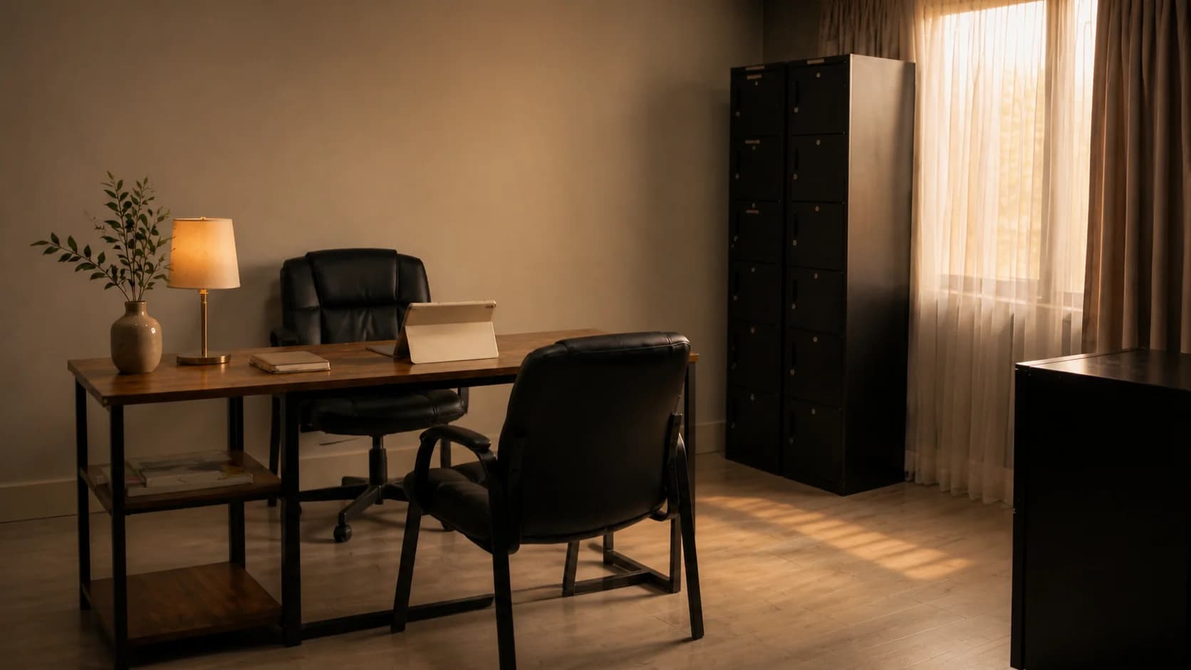 Consulting room with wood desk, black chairs, and warm lamplight.