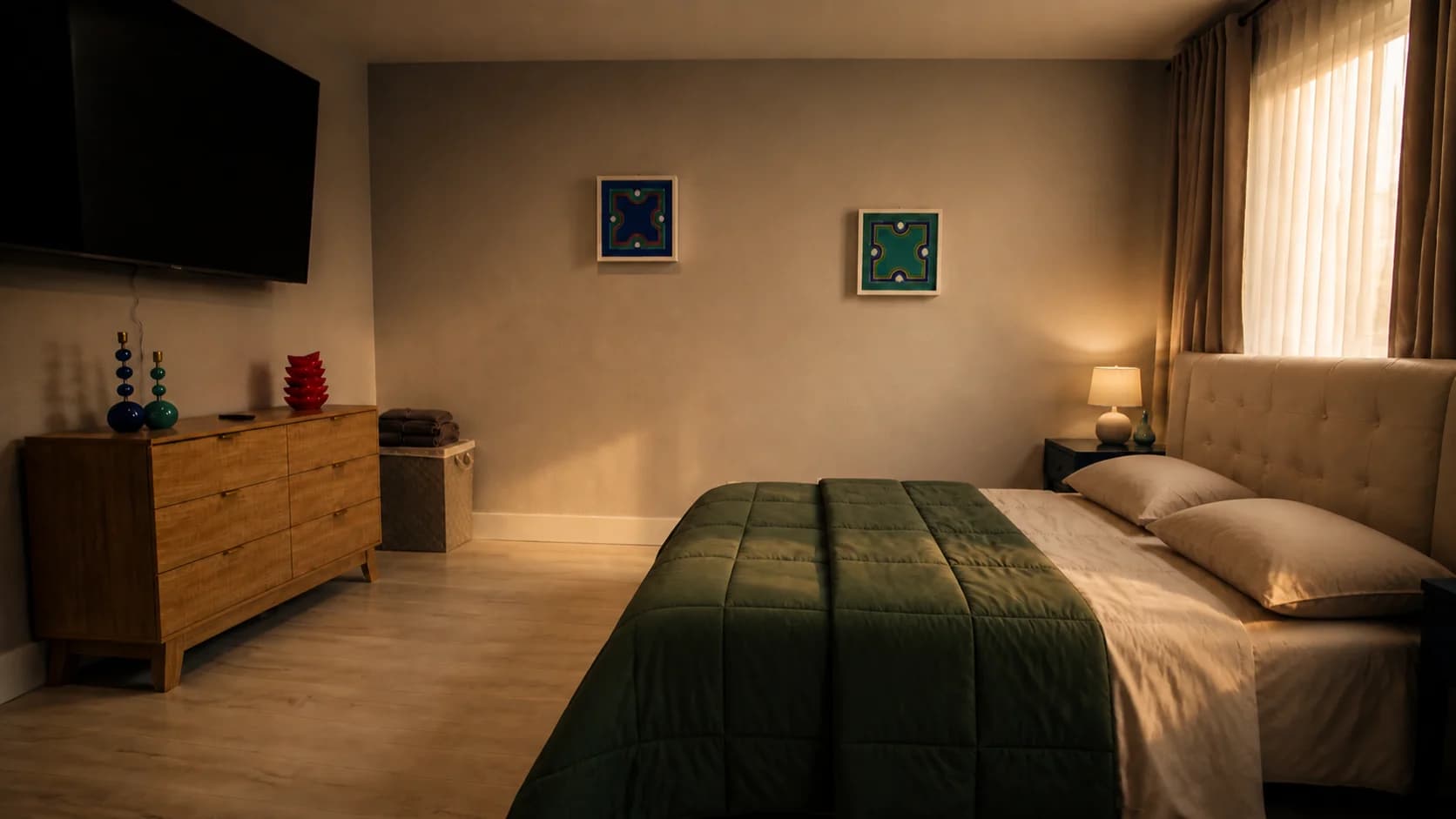 Private medical bedroom with green bedding and warm lamplight.