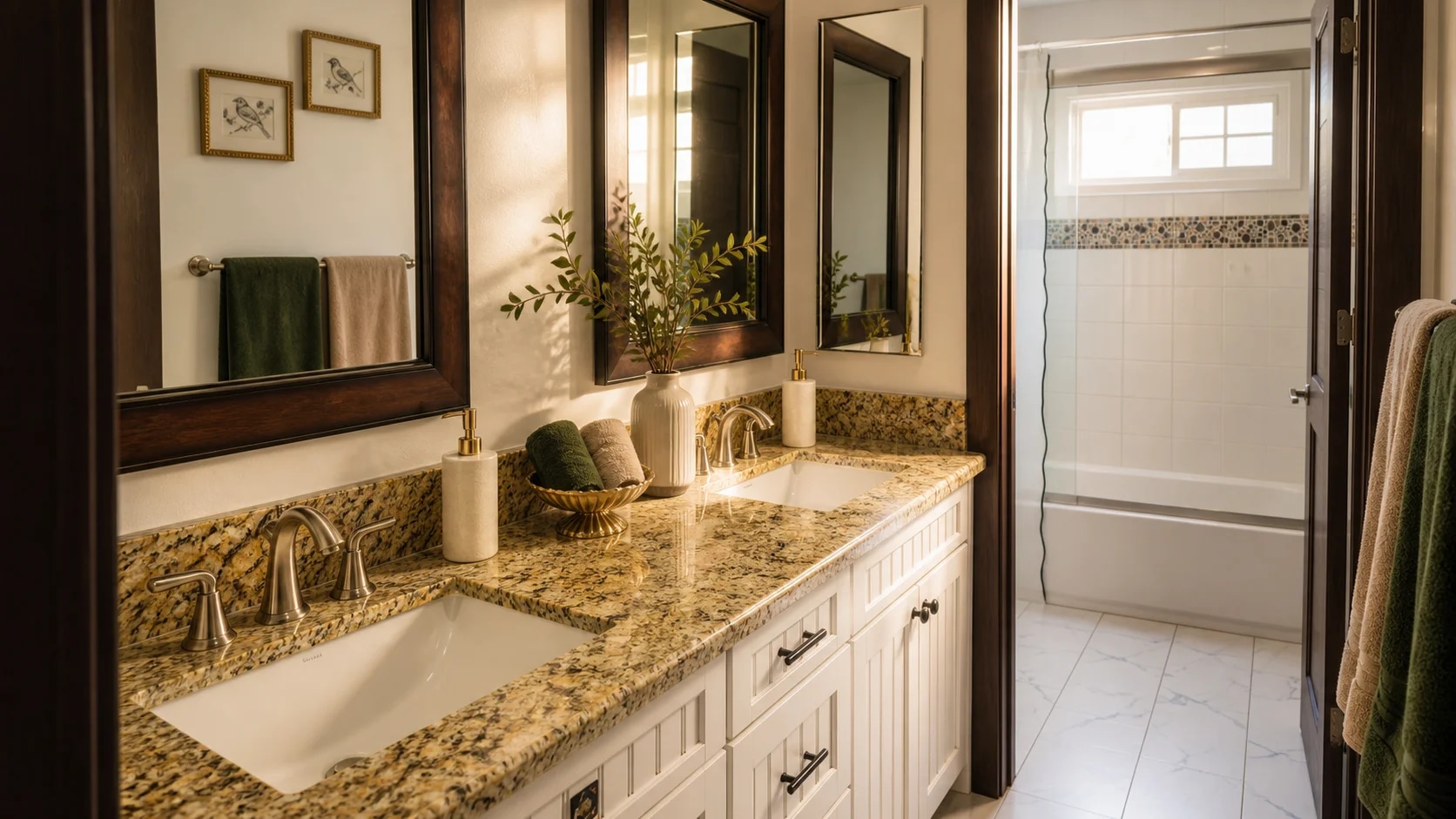 Private bathroom vanity with dark-framed mirrors and granite counter.