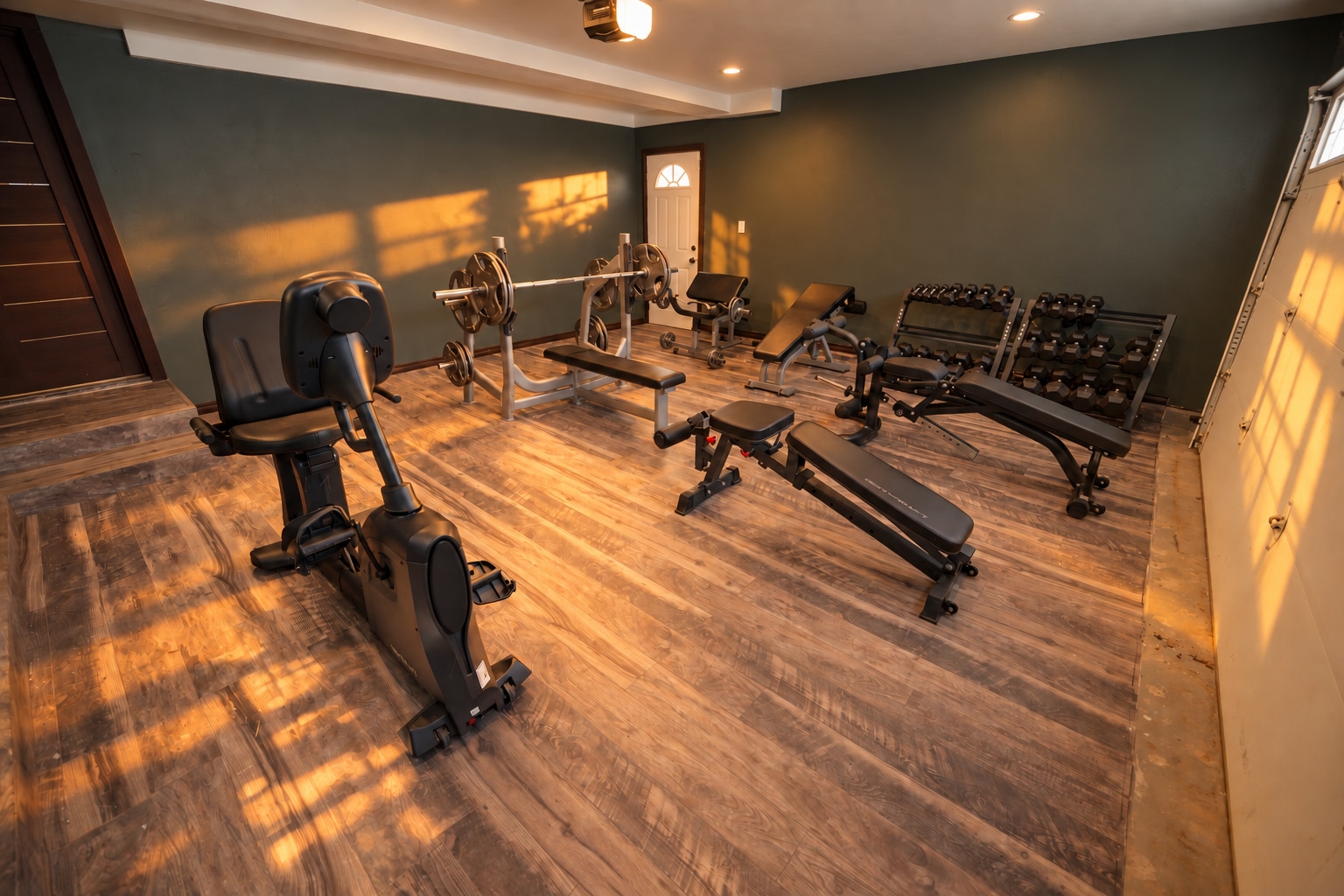 Home gym with squat rack and dumbbells under dark walls